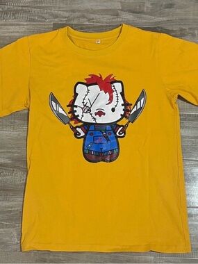 ! NEW ! Yellow Sanrio Hello Kitty X Chucky Horror Handmade Graphic T-Shirt